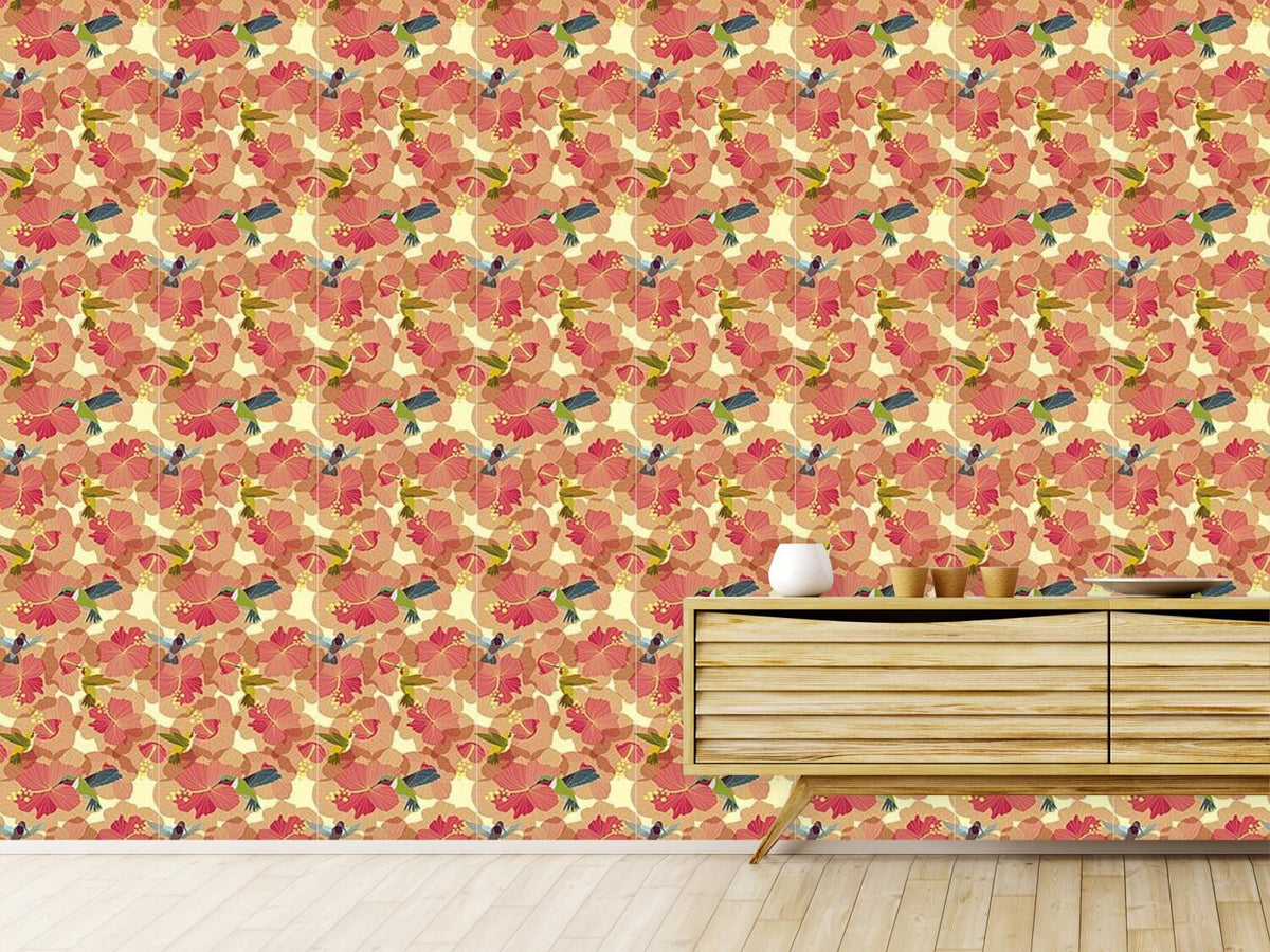 patterned-wallpaper-hummingbird-marriage-on-hibiscus